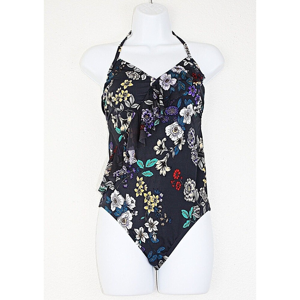 TIME AND TRU 1 Pc Halter Swimsuit Sz M ( 8 - 10 ) Multicolor Floral Flounce #02